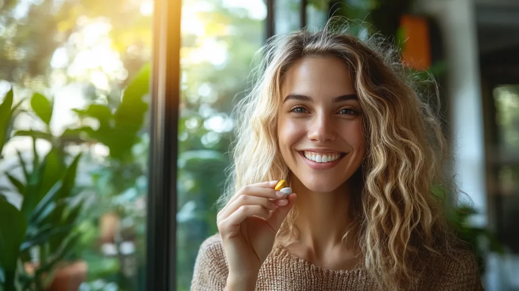 Ragazza che tiene in mano pastiglie di Inositolo